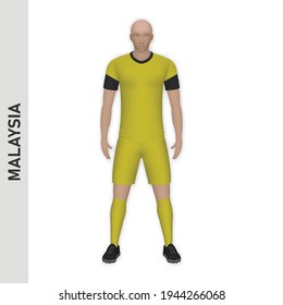 3D realistic soccer player mockup. Malaysia Football Team Kit template design