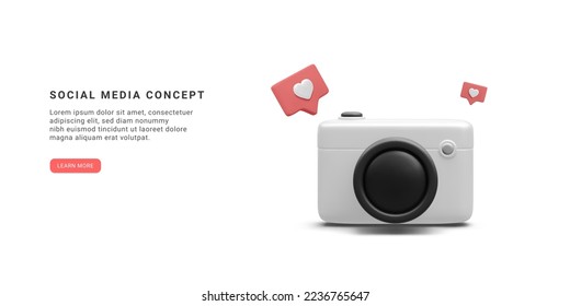 3d realistic social media banner with camera and social icons isolated on white background. Vector illustration