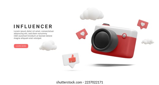3d realistic social media banner with camera, clouds and social icons isolated on white background. Vector illustration - Shutterstock ID 2237022171