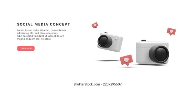 3d realistic social media banner with cameras and social icons isolated on white background. Vector illustration