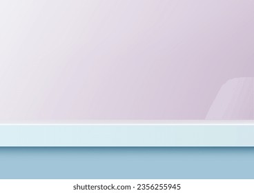 3D realistic soft blue shelf on purple wall scene is a perfect mockup for your product display. minimalist and modern. Vector illustration