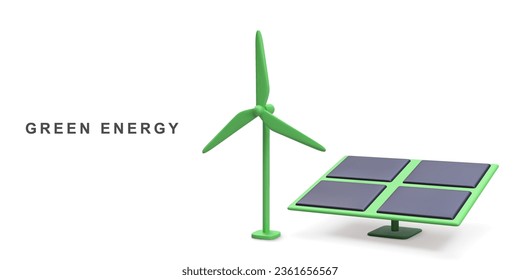 3d energía realista del panel solar y turbinas eólicas. Energía verde. Energía limpia. Ilustración vectorial.