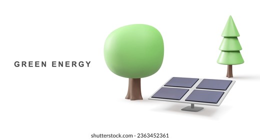 3d realistic Solar Panel energy and trees. Green Energy. Clean Energy. Vector illustration.