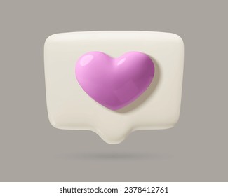3D realistic speech bubble and pale pink heart. Like notification or romantic message 3d icon. February 14 and Valentine's day chat box three dimensional vector illustration.