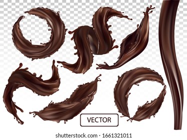 3D realistic splash of chocolate. Twisted dark chocolate with drop on transparent background. Set vector illustration.
