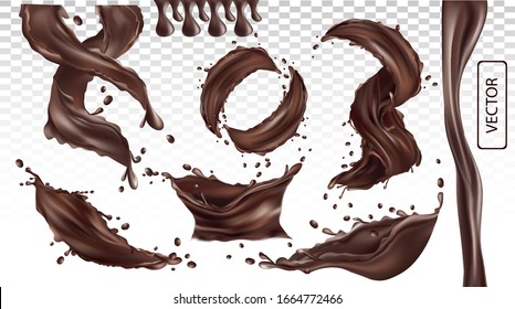 3D Realistic Splash Of Chocolate. Twisted Dark Chocolate With Drop On Transparent Background. Set Vector Illustration.