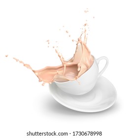 3d Realistic Splash Of Coffee With Milk, Cappuccino, Tea With Milk In A White Cup And Saucer. Vector Flying Drink Composition Isolated On White Background.