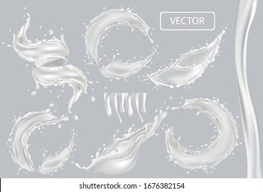 3D realistic splash of milk. Twisted fresh milk with drop on transparent background. Coctail milk. Yogurt, dessert. Set vector illustration.
