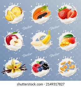 3d realistic splash set of yogurt or milk with fruits and berries, pineapple, banana, mango, strawberry, vanilla, cereals, apple, papaya, blueberry, raspberry, cranberry
