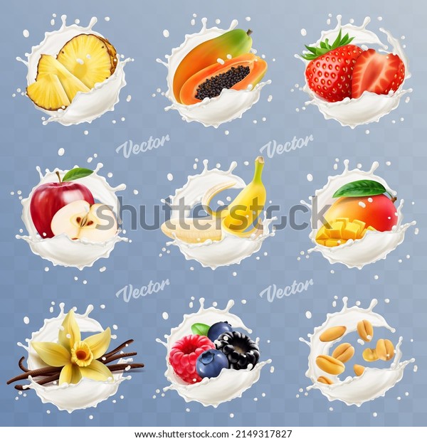 3d realistic\
splash set of yogurt or milk with fruits and berries, pineapple,\
banana, mango, strawberry, vanilla, cereals, apple, papaya,\
blueberry, raspberry,\
cranberry
