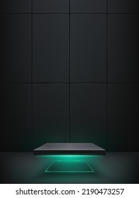 3d Realistic Square Floating Black Podium With Green Light Below Againts Rectangular Black Concrete Wall For Gadget Technology Podium