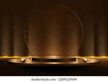 3D realistic stage award ceremony gold podium platform with glass circle backdrop decoration illuminated spotlights and golden balls glitter on black background. Product display for cosmetic, showroom