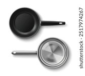 3d realistic stainless kitchen pan with handle. Steel cooking object to fry pancake. Nonstick coating kitchenware top view illustration. Empty modern cookware frypan mockup collection for advertising