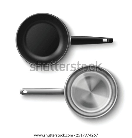 3d realistic stainless kitchen pan with handle. Steel cooking object to fry pancake. Nonstick coating kitchenware top view illustration. Empty modern cookware frypan mockup collection for advertising