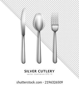3d realistic stainless steel cutlery. Top view of three dimensional metal silver fork, spoon and knife isolated on white transparent background. Flatware, utensil template, mock up