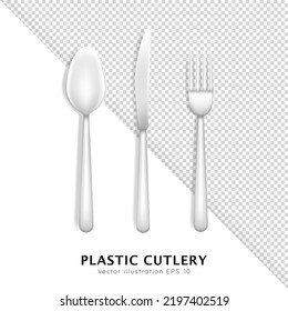 3d realistic stainless steel or plastic cutlery. Top view of three dimensional white fork, spoon and knife isolated on white transparent background. Flatware, utensil template, mockup