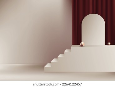3D realistic stairs up success with door and red curtain backdrop decoration with golden balls on beige background luxury style . You can use for product presentation, cosmetic display beauty mockup