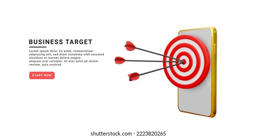 3d realistic start up banner with arrows, target and phone.  Targeting the business. Vector illustration
