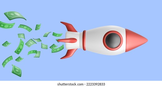 3d realistic start up banner with flying rocket and money.  Money investment concept. Vector illustration