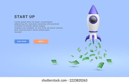 3d realistic start up banner with flying rocket and money.  Money investment concept. Vector illustration