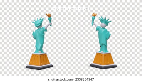 3.ª estatua realista de la libertad en diferentes posiciones. Figuras de monumento famoso, viajes América, concepto de la gira de Nueva York. Ilustración vectorial en colores azul y amarillo