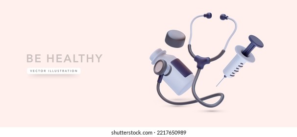 3d realistic stethoscope, syringe and pill box isolated on pink background. Vector illustration