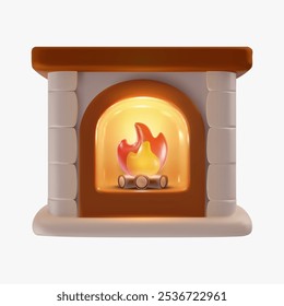 3d realistic stone blazing fireplace isolated on white background. Bright  interior decoration element. Cartoon vector illustration.