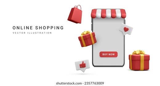 3d realistic store in smartphone with shopping bag and gift box in cartoon style on white background. Poster or web page for online shopping. Vector illustration