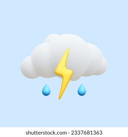 3d realistic storm cloud icon with lightning and raindrops isolated on blue background. Vector illustration