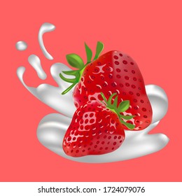 3d Realistic Strawberry in splash of milk isolated on a pink background illustration for advertisements, magazine cover or menu cover.