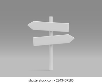 3d realistic street sign isolated on light background. Direction sign post with arrow. Signboard pointer with wooden pole. Vector illustration