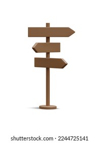 3d realistic street sign isolated on light background. Direction sign post with arrow. Signboard pointer with wooden pole. Vector illustration