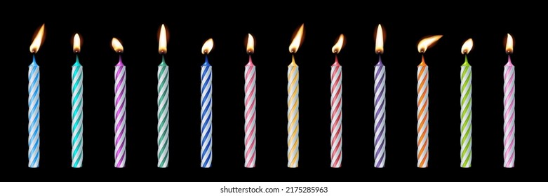 3d realistic striped colorful candles for birthday cake or pie vector illustration. Holiday candles with burning flames in night, candlelight on wicks, celebration objects on black background