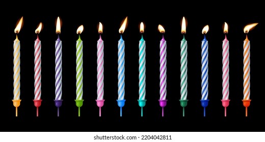 3d realistic striped colorful candles for birthday cake or pie vector illustration. Holiday candles with burning flames in night, candlelight on wicks, celebration objects on black background