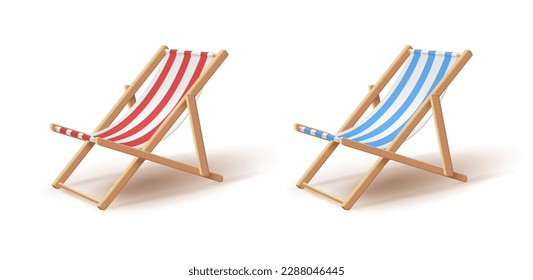 3d realistic stripped beach chair in blue and white and red and white colors with wooden construction isolated on white background.