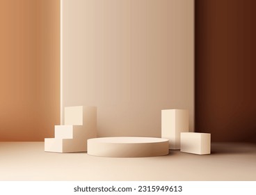 Base de podio de color beige en 3D realista en estudio con escalones de escalera éxito y elementos geométricos sobre fondo marrón. Exposición de productos para cosméticos de belleza, sala de exposición, escaparate, presentación. Vector