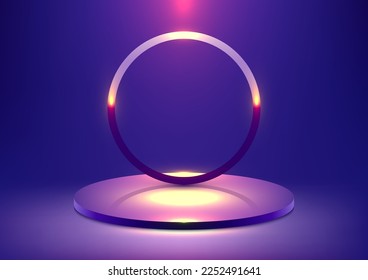 Base de pedestal 3D realista de la sala de estudio de plataforma de podio azul con fondo de círculo y efecto de iluminación sobre el concepto de tecnología de fondo azul. escena de pared mínima. Los productos muestran publicidad cosmética