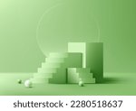 3D realistic studio room green cube podium stand with ladder steps goal target success decoration circle transparent glass backdrop and balls on minimal wall scene green background. Product display