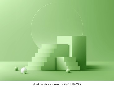 3D realistic studio room green cube podium stand with ladder steps goal target success decoration circle transparent glass backdrop and balls on minimal wall scene green background. Product display