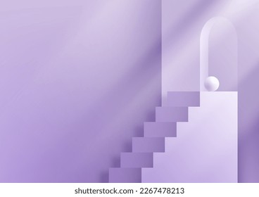 3D realistic studio room purple ladder steps stand go to business success on minimal wall scene background with lighting. Product display for beauty cosmetic, showroom, showcase, presentation, etc.