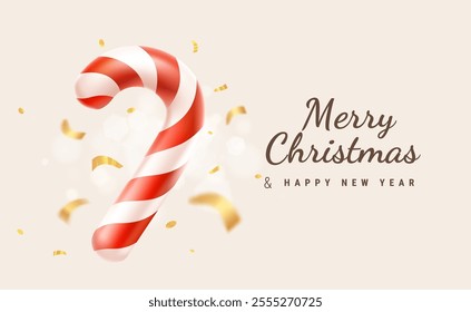 3d realistic style design of red and white striped candy cane. Vector illustration of cartoon christmas candy cane on light background with text Merry Christmas and Happy New Year. Winter sweet gift