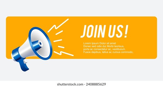 3d realistic style megaphone vector Illustration on a color banner background, concept of join us, job vacancy and announcement in modern flat cartoon style design