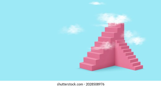 3d realistic style pink stairs with clouds. Success or growth concept. Vector illustration.