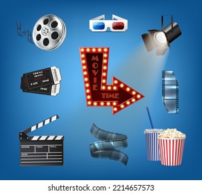 3d realistic style vector icon. Collection of movie cinema icons, 3d glasses, tape, popcorn, clapper, spotlight, arrow.
