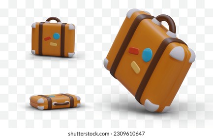 3d realistic suitcase with colored stickers in different positions. Travel luggage concept. Old style voyage suitcase. Luggage for journey. Vector illustration in orange color