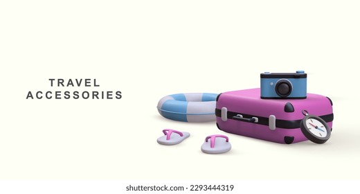 3d realistic suitcase with traveler accessories. Travel concept. Vector illustration. 