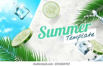 3D realistic summer background template with flying cucumber slices and splashing ice cube on marble wall and blue sky background.