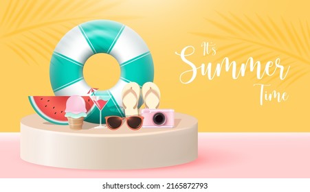 3D Realistic Summer Time Holiday Banner Design with Colorful Beach Elements Background. Vector Illustration. Summer Sale, Post Template, 3D Tropical Element. 