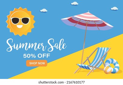 3D Realistic Summer Time Holiday Banner Design with Colorful Beach Elements Background. Vector Illustration. Summer Sale Banner, Post Template, 3D Tropical Element. Promotional Sale Tag, Disc 50%