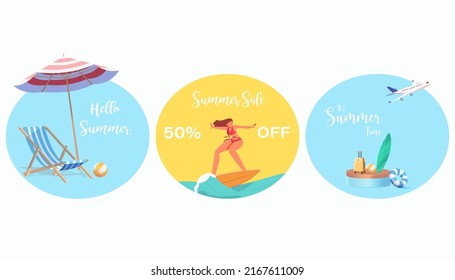 3D Realistic Summer Time Holiday Banner Design with Colorful Beach Elements Background. Vector Illustration. Summer Sale, Post Template, 3D Tropical Element. 